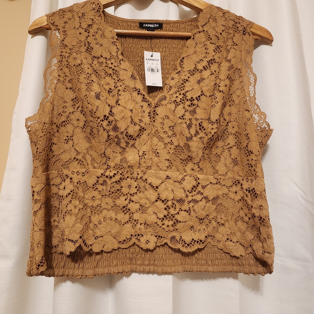 NEW Express Lace Smocked Back Sleeveless Blouse Dusty Gold - Picture 9 of 10